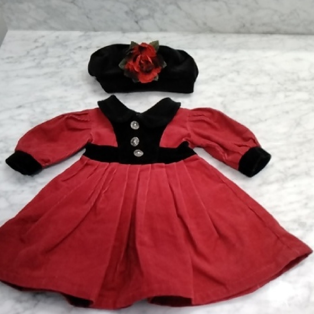 Vintage doll Red and Black Corduroy Dress with Velvet Trim and Hat